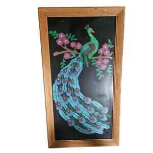 Vintage Mid Century Peacock Crewel 15x32 in Oak Framed Kitsch Boho Handmade